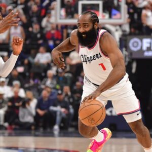 Los Angeles Clippers guard James Harden (1) moves to the basket against Denver Nuggets forward Peyton Watson (8) during the first half at Intuit Dome.