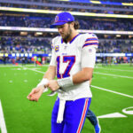 Buffalo Bills quarterback Josh Allen (17) reacts following the loss against the Los Angeles Rams at SoFi Stadium.