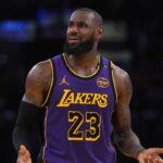 Los Angeles Lakers forward LeBron James (23) reacts in the second half against the Oklahoma City Thunder at Crypto.com Arena.