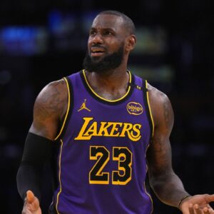 Los Angeles Lakers forward LeBron James (23) reacts in the second half against the Oklahoma City Thunder at Crypto.com Arena.