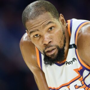 Phoenix Suns forward Kevin Durant (35) waits for play to resume against the Golden State Warriors during the third quarter at Chase Center.