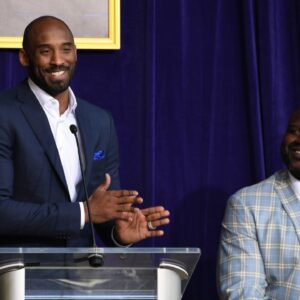 Kobe Bryant (left) speaks during ceremony to unveil statue of Los Angeles Lakers former center Shaquille O'Neal at Staples Center.