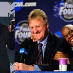 Conan O'Brien (L), Magic Johnson and Larry Bird (R)