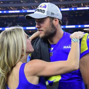 Los Angeles Rams quarterback Matthew Stafford (9) with wife Kelly Hall after defeating the San Francisco 49ers in the NFC Championship Game at SoFi Stadium.