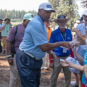 Charles Barkley signs autographs for the fans during the first round of the American Century Celebrity Championship golf tournament at Edgewood Tahoe Golf Course in Stateline, Nev., Friday, July 12, 2024.