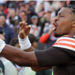 Cleveland Browns quarterback Jameis Winston (5) celebrates his first win as a starter after an NFL football game against the Baltimore Ravens at Huntington Bank Field, Sunday, Oct. 27, 2024, in Cleveland, Ohio
