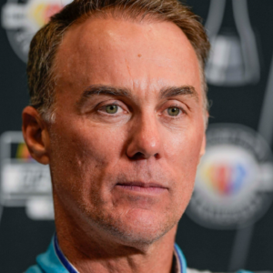 Kevin Harvick answers questions from the media at Charlotte Convention Center.