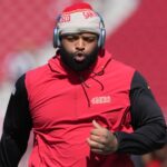 Oct 6, 2024; Santa Clara, California, USA; San Francisco 49ers offensive tackle Trent Williams (71) warms up before the game against the Arizona Cardinals at Levi's Stadium.