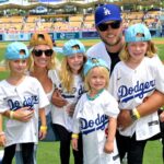 Los Angeles Rams quarterback Matthew Stafford (9) with his wife Kelly with their 4 daughters on the field prior to the game between the Los Angeles Dodgers and the Atlanta Braves at Dodger Stadium. Stafford was at the game on Rams day.