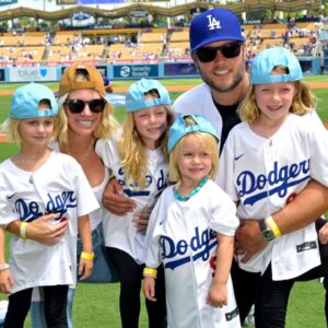 Los Angeles Rams quarterback Matthew Stafford (9) with his wife Kelly with their 4 daughters on the field prior to the game between the Los Angeles Dodgers and the Atlanta Braves at Dodger Stadium. Stafford was at the game on Rams day.