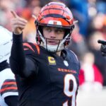 Cincinnati Bengals quarterback Joe Burrow (9) and running back Chase Brown (30) celebrate after a first down run by Burrow in the second quarter of the NFL Week 16 game between the Cincinnati Bengals and the Cleveland Browns at Paycor Stadium in downtown Cincinnati on Sunday, Dec. 22, 2024. The Bengals led 17-0 at halftime.