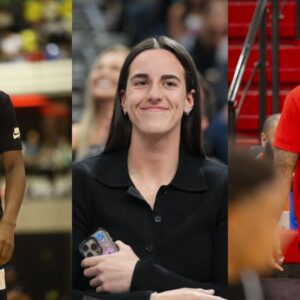 Bryce James (L), Caitlin Clark (C), Jeff Teague (R)