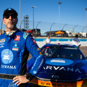 Nov 9, 2024; Avondale, Arizona, USA; NASCAR Cup Series driver Jimmie Johnson during qualifying for the Championship race at Phoenix Raceway. Mandatory Credit: Mark J. Rebilas-Imagn Images