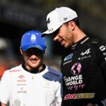 French driver Pierre Gasly ( Alpine F1 Team) and japanese driver Yuki Tsunoda ( Visa Cash App RB Racing) are seen during the Drivers Parade before the FIA Formula 1 Abu Dhabi Grand Prix