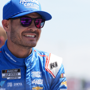 Aug 31, 2024; Darlington, South Carolina, USA; NASCAR Cup Series driver Kyle Larson (5) sits by his car prior to practice during practice for the Cook Out Southern 500 at Darlington Raceway. Mandatory Credit: Jasen Vinlove-Imagn Images