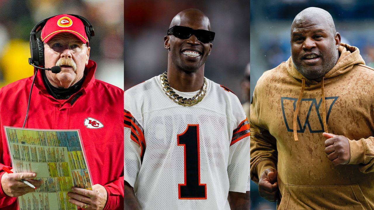 Andy Reid [Left]; Chad Johnson [Center]; Eric Bieniemy [Right]