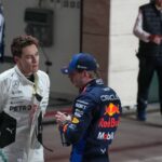 George Russell (GBR) - Mercedes-AMG PETRONAS F1 Team - Mercedes W15 - Mercedes E Performance and Max Verstappen (NED) - Oracle Red Bull Racing - Red Bull RB20