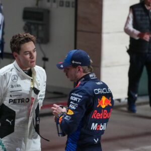 George Russell (GBR) - Mercedes-AMG PETRONAS F1 Team - Mercedes W15 - Mercedes E Performance and Max Verstappen (NED) - Oracle Red Bull Racing - Red Bull RB20