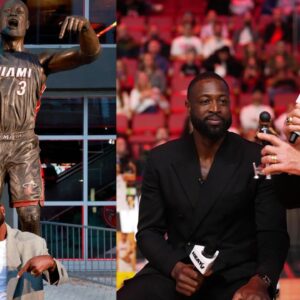 Dwyane Wade's Statue (L) and Dwyane Wade and Pat Riley (R)