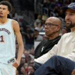 Victor Wembanyama (L) and Klay and Mychal Thompson (R)