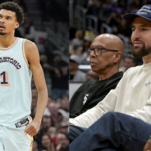 Victor Wembanyama (L) and Klay and Mychal Thompson (R)