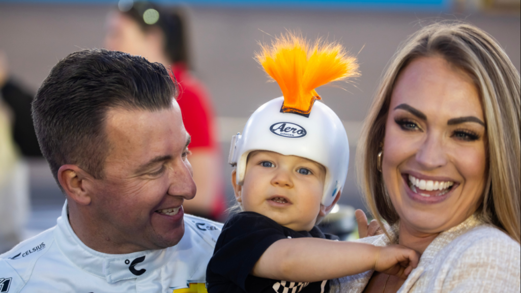 NASCAR Xfinity Series driver AJ Allmendinger with wife Tara Allmendinger and son Aero Allmendinger during the Championship race at Phoenix Raceway.