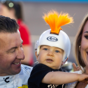 NASCAR Xfinity Series driver AJ Allmendinger with wife Tara Allmendinger and son Aero Allmendinger during the Championship race at Phoenix Raceway.