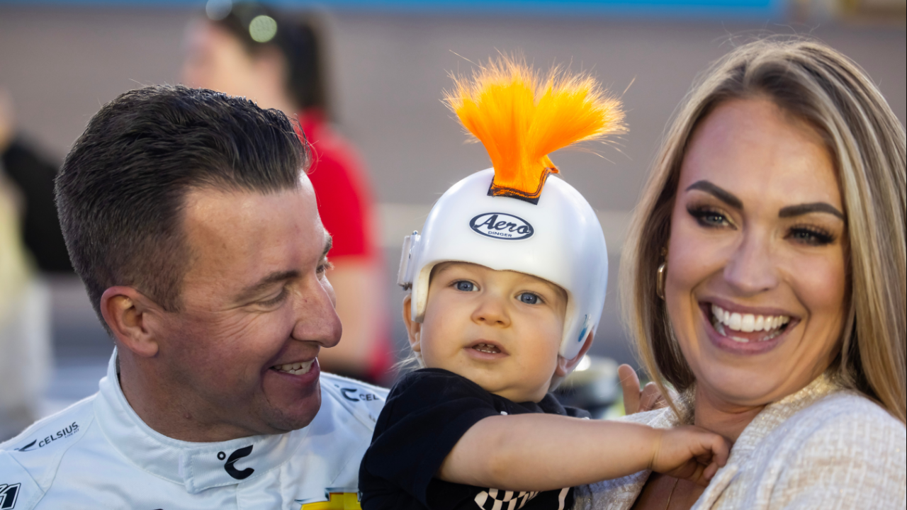 NASCAR Xfinity Series driver AJ Allmendinger with wife Tara Allmendinger and son Aero Allmendinger during the Championship race at Phoenix Raceway.