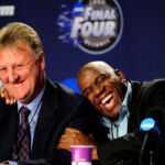 Apr 6, 2009; Detroit, MI, USA; Michigan State Spartans and NBA former player Magic Johnson (right) hugs NBA former player Larry Bird (left) during a press conference before the championship game of the Final Four in the 2009 NCAA men's basketball tournament against the North Carolina Tar Heels at Ford Field. Mandatory Credit: Bob Donnan-Imagn Images