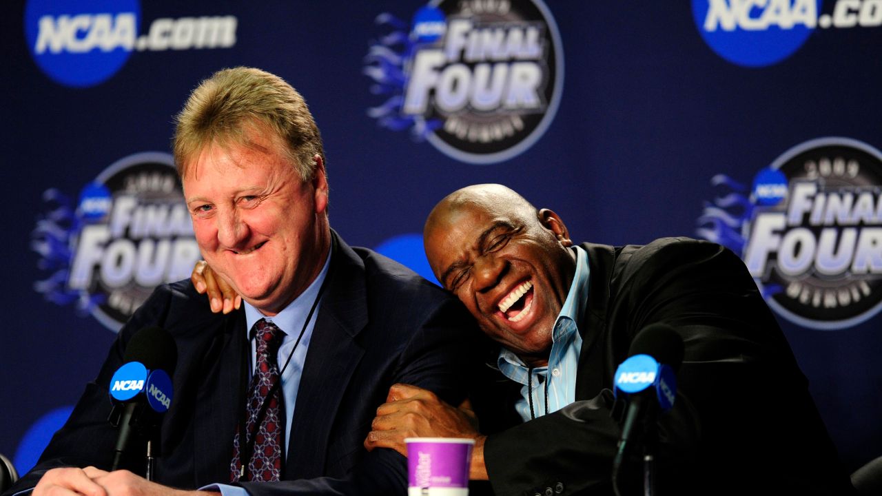 Apr 6, 2009; Detroit, MI, USA; Michigan State Spartans and NBA former player Magic Johnson (right) hugs NBA former player Larry Bird (left) during a press conference before the championship game of the Final Four in the 2009 NCAA men's basketball tournament against the North Carolina Tar Heels at Ford Field. Mandatory Credit: Bob Donnan-Imagn Images