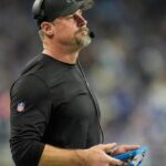 Detroit Lions head coach Dan Campbell watches a play against Washington Commanders during the first half of the NFC divisional round at Ford Field in Detroit on Saturday, Jan. 18, 2025.