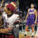 Jared Goff and Jayden Daniels(L), Devin Booker and Kevin Durant(R)