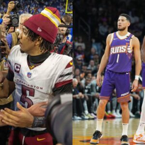 Jared Goff and Jayden Daniels(L), Devin Booker and Kevin Durant(R)