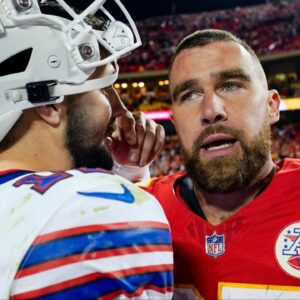 Buffalo Bills quarterback Josh Allen (17) greets Kansas City Chiefs tight end Travis Kelce (87) after a game at GEHA Field at Arrowhead Stadium.