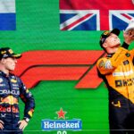 Max Verstappen (Red Bull Racing) and Lando Norris (McLaren) on the podium after the F1 Grand Prix of the Netherlands at the Circuit of Zandvoort