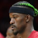 Miami Heat forward Jimmy Butler (22) warms-up before the game against the Indiana Pacers at Kaseya Center.
