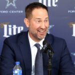 Jan 27, 2025; Frisco, TX, USA; (L to R) Dallas Cowboys CEO Stephen Jones, head coach Brian Schottenheimer and owner Jerry Jones speak to the media at a press conference at the Star.