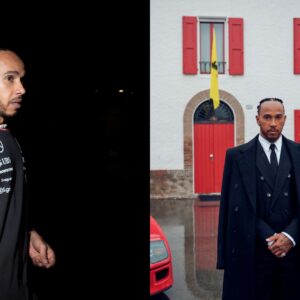 Lewis Hamilton (L), and Lewis Hamilton's Record Breaking Photograph in front of Enzo Ferrari's house