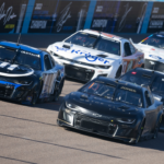 Jan 24, 2023; Avondale, AZ, USA; NASCAR Cup Series driver Erik Jones (43) races alongside Ross Chastain (1) during testing at Phoenix Raceway. Mandatory Credit: Mark J. Rebilas-Imagn Images
