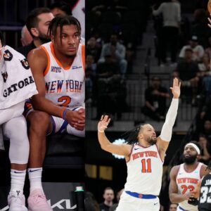 Jalen Brunson (L) and Brunson trying to block Victor Wembanyama (R)