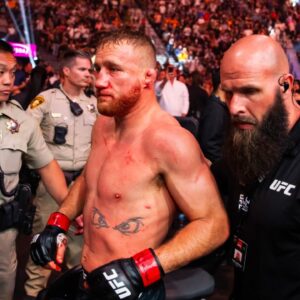 Justin Gaethje leaves the octagon after being knocked out by Max Holloway (not pictured) during UFC 300 at T-Mobile Arena.