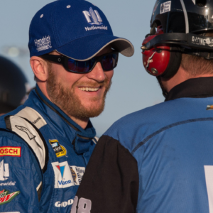 Mar 6, 2015; Las Vegas, NV, USA; Sprint Cup Series driver Dale Earnhardt Jr. (88) smiles during qualifying for the Kobalt 400 at Las Vegas Motor Speedway. Mandatory Credit: Jerome Miron-Imagn Images