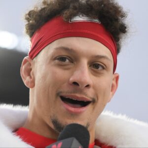Kansas City Chiefs quarterback Patrick Mahomes (15) is interviewed by Netflix reporter Stacey Dales following a win against the Pittsburgh Steelers at Acrisure Stadium.