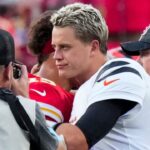 Cincinnati Bengals quarterback Joe Burrow (9) and Kansas City Chiefs quarterback Patrick Mahomes (15) hug at midfield after the fourth quarter of the NFL Week 2 game between the Kansas City Chiefs and the Cincinnati Bengals at Arrowhead Stadium in Kansas City on Sunday, Sept. 15, 2024. The Chiefs took a 26-25 win with a go-ahead field goal as time expired.