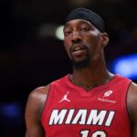 Miami Heat center Bam Adebayo (13) looks on from the court against the Portland Trail Blazers during the third quarter at Kaseya Center