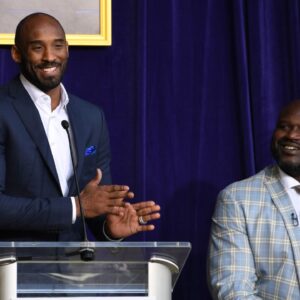 Kobe Bryant (left) speaks during ceremony to unveil statue of Los Angeles Lakers former center Shaquille O'Neal at Staples Center.