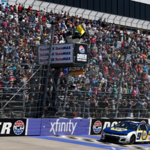 NASCAR Cup Series driver Chase Elliott (9) crosses the finish line to win the DuraMAX Drydene 400 at Dover Motor Speedway.