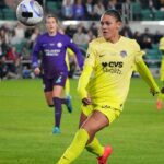Washington Spirit forward Trinity Rodman (2) watches the ball against Orlando Pride midfielder Coriana Dyke (31) during the second half in the 2024 NWSL Championship match at CPKC Stadium.
