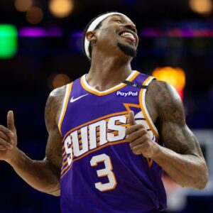 Phoenix Suns guard Bradley Beal (3) reacts after a play against the Philadelphia 76ers during the third quarter at Wells Fargo Center.