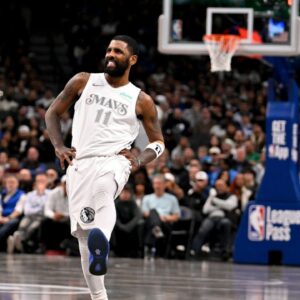Dallas Mavericks guard Kyrie Irving (11) looks on during the second half against the Minnesota Timberwolves at the American Airlines Center.
